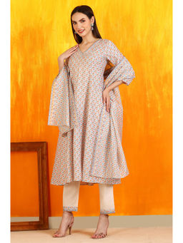 W - Off White Floral Printed Pure Cotton Flared Kurta Pant & Dupatta (Set of 3)
