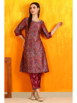 W - Paisley Printed Wine Satin Embroidered Kurta & Pant (Set of 2)