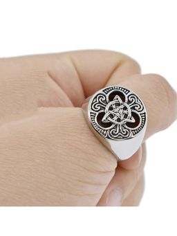 Yellow Chimes - Men Oxidised Silver-Toned & Black Stainless Steel Finger Ring (9)