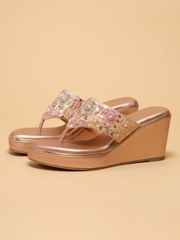 ERIDANI - Women Ayat Rosegold Embroidered Wedges Heels