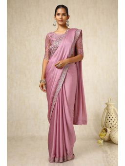 Soch - Women Pink Chiffon Embroidered Saree with Unstitched Blouse