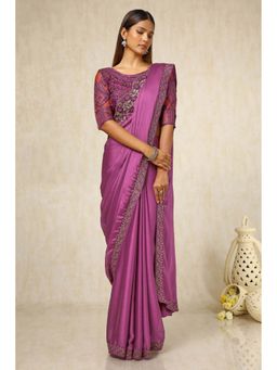 Soch - Women Purple Chiffon Embroidered Saree with Unstitched Blouse