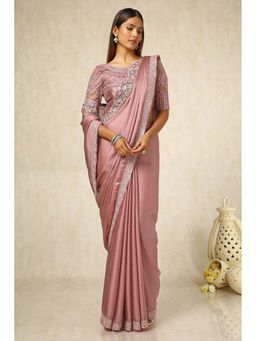Soch - Women Onion Pink Chiffon Embroidered Saree with Unstitched Blouse