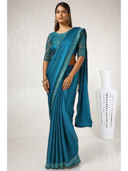 Soch - Women Teal Chiffon Embroidered Saree with Unstitched Blouse