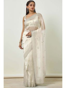 Soch - Women Cream Organza Saree with Unstitched Blouse