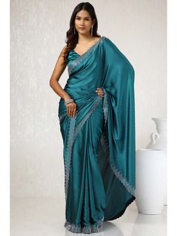 Soch - Women Teal Satin Saree with Unstitched Blouse