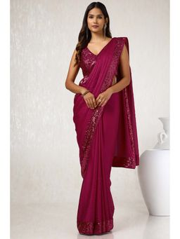 Soch - Women Wine Satin Saree with Unstitched Blouse