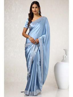 Soch - Women Powder Blue Satin Saree with Unstitched Blouse