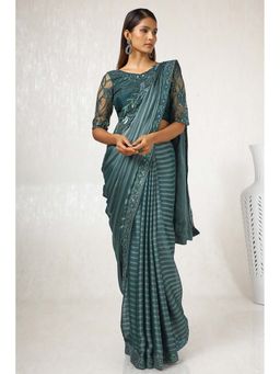Soch - Women Teal Georgette Embroidered Saree with Unstitched Blouse