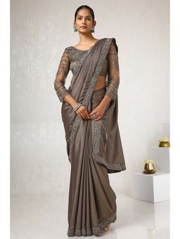 Soch - Women Brown Chiffon Embroidered Saree with Unstitched Blouse