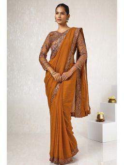 Soch - Women Mustard Chiffon Embroidered Saree with Unstitched Blouse