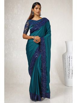 Soch - Women Teal Crepe Saree with Unstitched Blouse