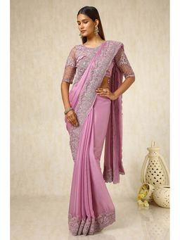 Soch - Women Onion Pink Chiffon Embroidered Saree with Unstitched Blouse