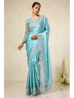 Soch - Women Turquoise Blue Crepe Embroidered Saree with Unstitched Blouse