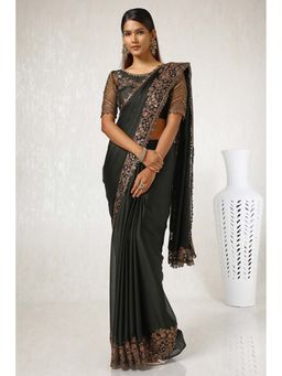 Soch - Women Black Crepe Embroidered Saree with Unstitched Blouse