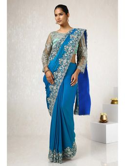 Soch - Women Blue Crepe Embroidered Saree with Unstitched Blouse