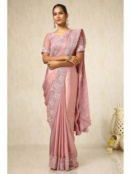 Soch - Women Blush Pink Crepe Embroidered Saree with Unstitched Blouse