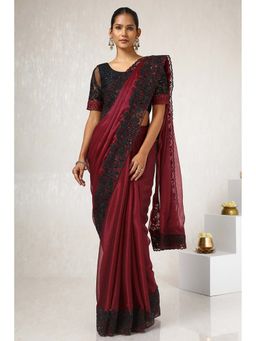 Soch - Women Maroon Chiffon Embroidered Saree with Unstitched Blouse