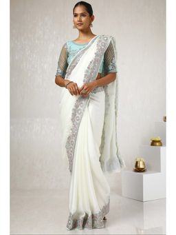 Soch - Women Cream Crepe Embroidered Saree with Unstitched Blouse