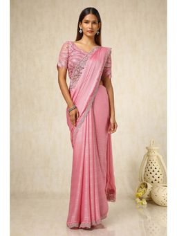 Soch - Women Blush Pink Chiffon Embroidered Saree with Unstitched Blouse