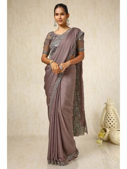 Soch - Women Brown Chiffon Embroidered Saree with Unstitched Blouse