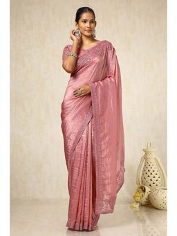 Soch - Women Onion Pink Organza Embroidered Saree with Unstitched Blouse