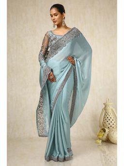 Soch - Women Powder Blue Chiffon Embroidered Saree with Unstitched Blouse