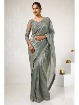Soch - Women Light Olive Organza Embroidered Saree with Unstitched Blouse