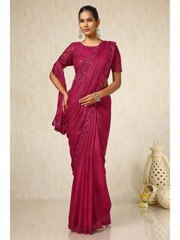 Soch - Women Pink Chiffon Embroidered Saree with Unstitched Blouse