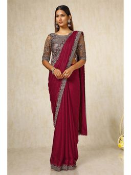 Soch - Women Maroon Chiffon Embroidered Saree with Unstitched Blouse