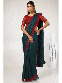 Soch - Women Green Chiffon Embroidered Saree with Unstitched Blouse