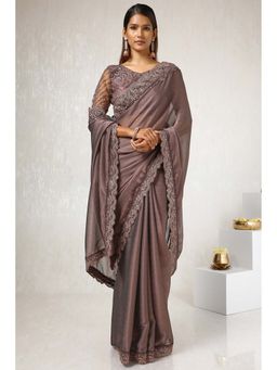 Soch - Women Brown Chiffon Embroidered Saree with Unstitched Blouse