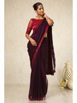Soch - Women Wine Chiffon Embroidered Saree with Unstitched Blouse