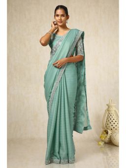 Soch - Women Sap Green Chiffon Embroidered Saree with Unstitched Blouse