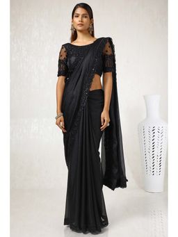 Soch - Women Black Embroidered Striped Saree with Unstitched Blouse