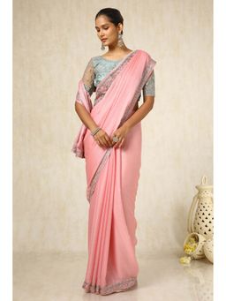 Soch - Women Pink Chiffon Embroidered Saree with Unstitched Blouse