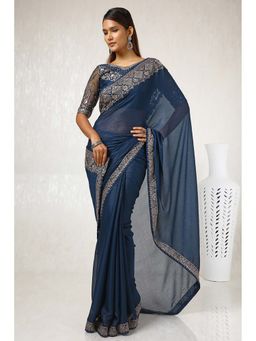 Soch - Women Navy Blue Chiffon Embroidered Saree with Unstitched Blouse
