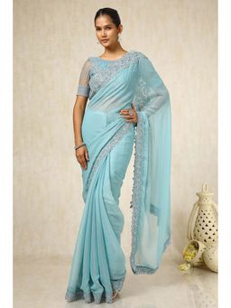 Soch - Women Powder Blue Chiffon Embroidered Saree with Unstitched Blouse