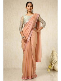 Soch - Women Peach Chiffon Embroidered Saree with Unstitched Blouse