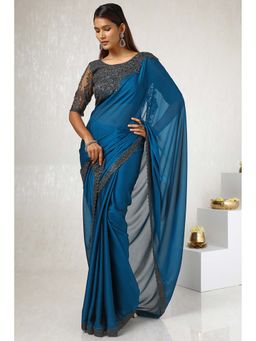 Soch - Women Teal Georgette Embroidered Saree with Unstitched Blouse