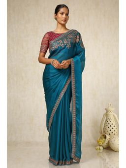 Soch - Women Teal Chiffon Embroidered Saree with Unstitched Blouse