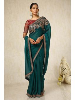 Soch - Women Green Chiffon Embroidered Saree with Unstitched Blouse