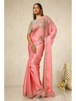 Soch - Women Peach Chiffon Embroidered Saree with Unstitched Blouse