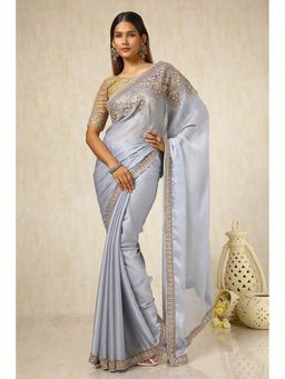 Soch - Women Grey Chiffon Embroidered Saree with Unstitched Blouse