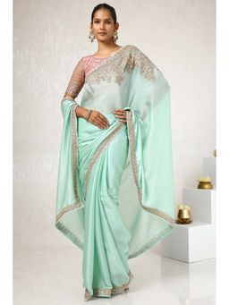Soch - Women Sap Green Chiffon Embroidered Saree with Unstitched Blouse