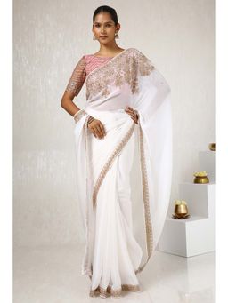 Soch - Women White Chiffon Embroidered Saree with Unstitched Blouse