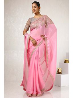 Soch - Women Blush Pink Chiffon Embroidered Saree with Unstitched Blouse