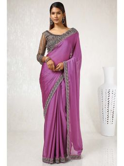Soch - Women Purple Chiffon Embroidered Saree with Unstitched Blouse