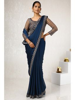 Soch - Women Blue Chiffon Embroidered Saree with Unstitched Blouse