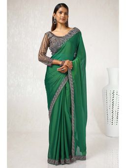 Soch - Women Green Chiffon Embroidered Saree with Unstitched Blouse